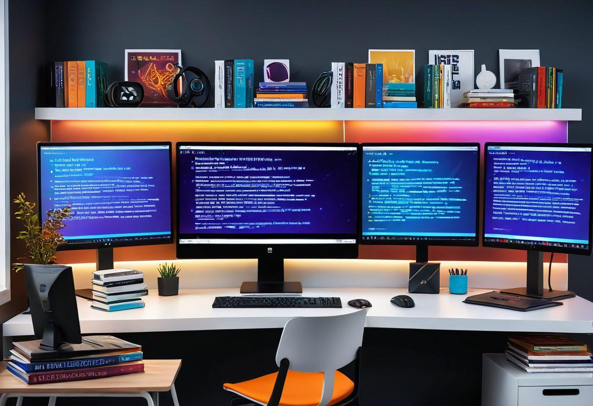 A high-tech, futuristic workspace showcasing dual monitors displaying vibrant, complex code and stunning web designs. A focused developer sits at the desk with reference books titled 'Web Development' and 'Design Mastery'. The background includes sleek, minimalist decor and a bookshelf with advanced programming books. 3D, super-realistic, vibrant colors.