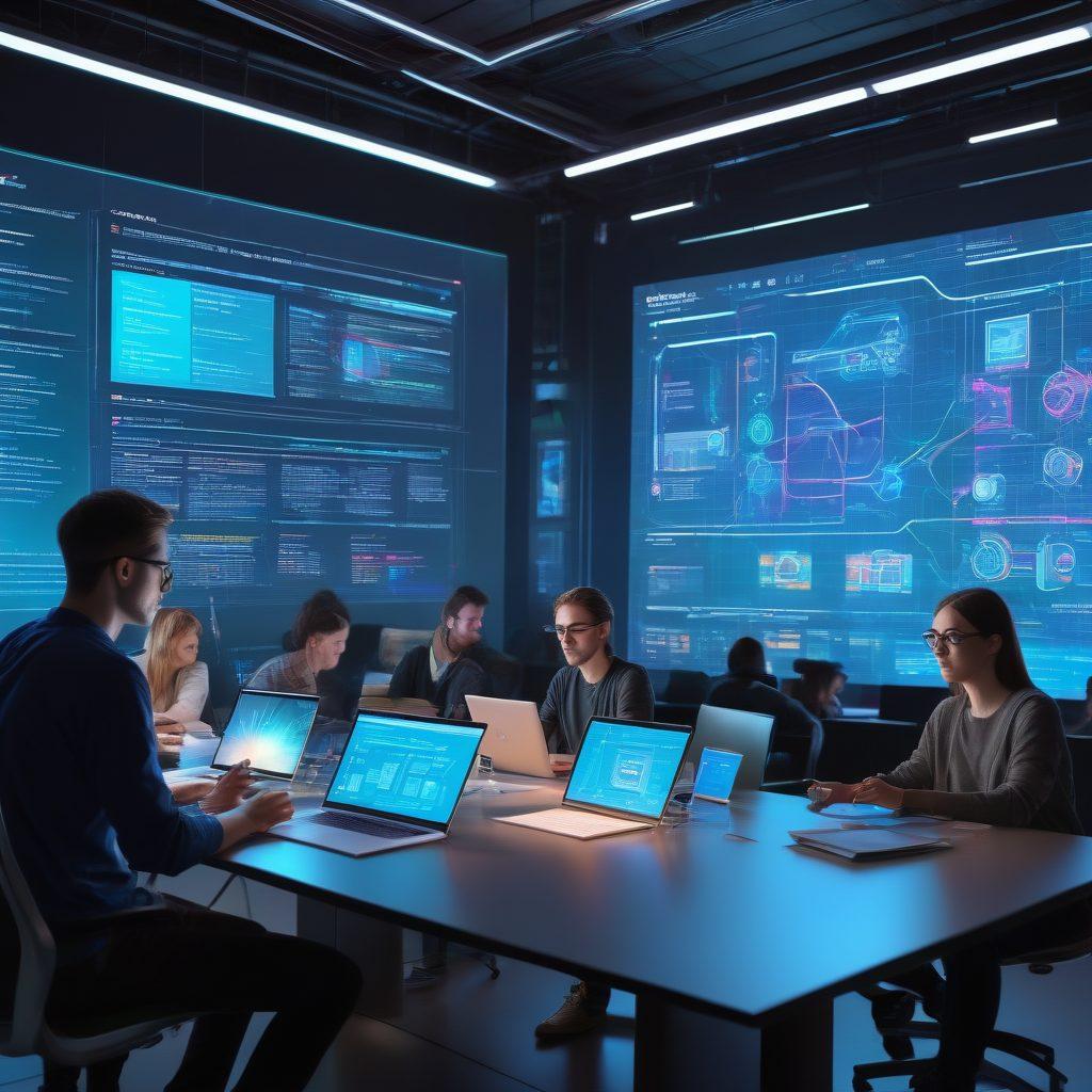 An inspiring depiction of a web development journey: a bustling digital workshop with coders, designers, and planners collaborating around holographic screens displaying code and design prototypes. In the background, a sleek website blueprint transitioning into a live, interactive web page. super-realistic. vibrant colors. futuristic elements.