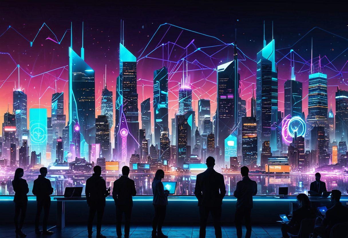 A dynamic, futuristic cityscape with interconnected holographic digital networks, people engaging with various devices showcasing digital strategy concepts like SEO, analytics, social media, and web design. Vogya's logo subtly integrated into the skyline. cyberpunk. vibrant colors. ultra-modern.